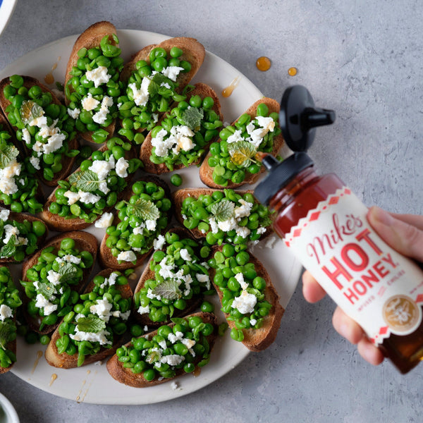 Pea & Feta Toasts with Hot Honey