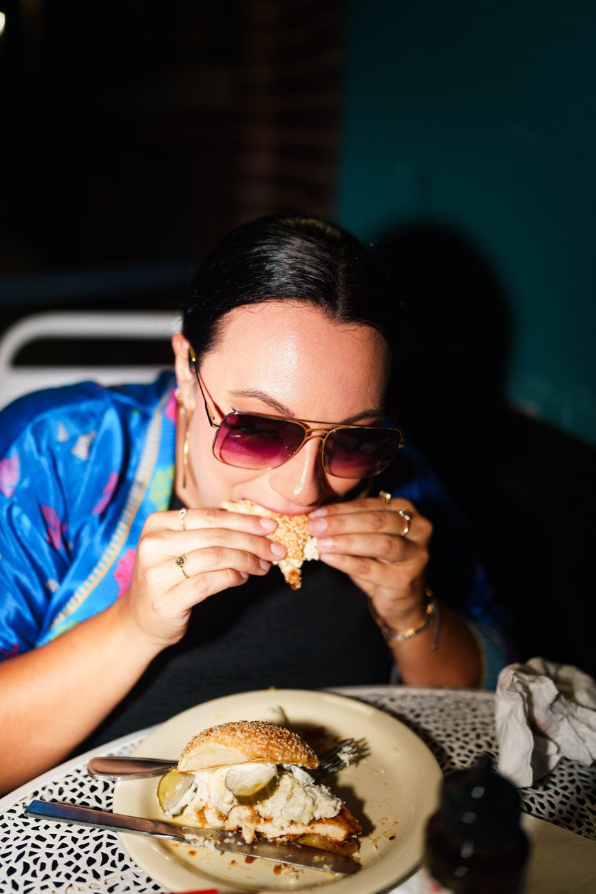 Food served at the first B-EATS in New York City, drizzled with Mike's Hot Honey