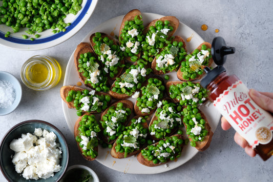 Pea & Feta Toasts with Hot Honey