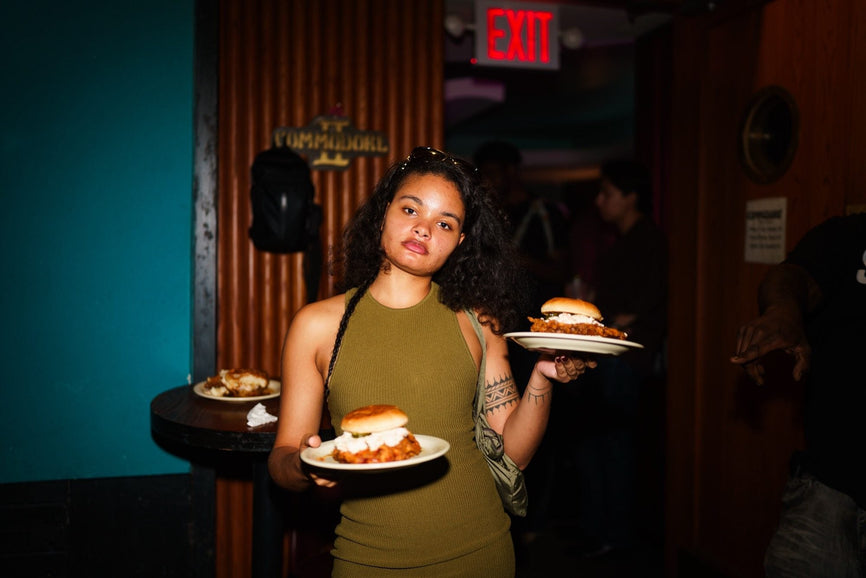 Food served at the first B-EATS in New York City, drizzled with Mike's Hot Honey