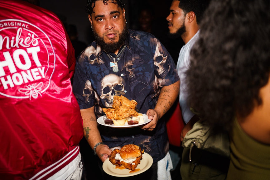 Food served at the first B-EATS in New York City, drizzled with Mike's Hot Honey