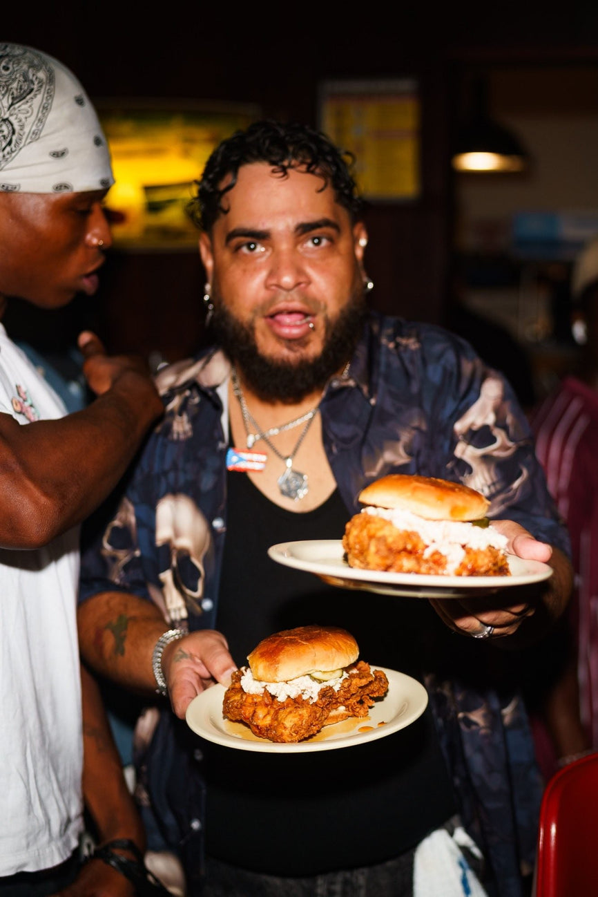 Food served at the first B-EATS in New York City, drizzled with Mike's Hot Honey